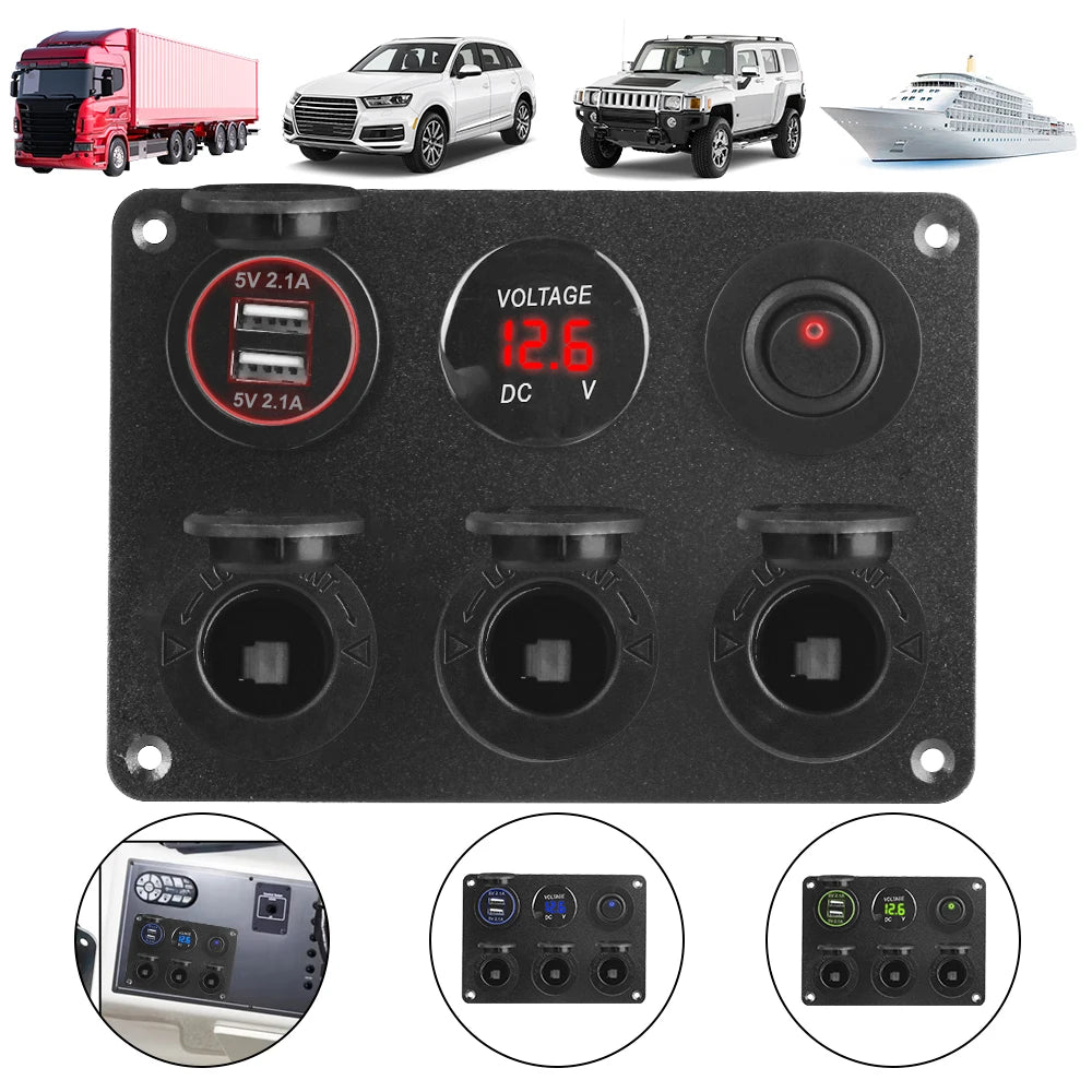 24V 12V Socket Panel Power Distribution 3 Cigar Lighter Ports 2 USB Chargers 3.0 With Switch Vol - Automotive LED Light