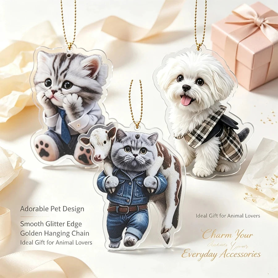 Cute Cat Dog Acrylic Hanging Ornament Cartoon Pet Pendant for Car Rearview Mirror Bag Decoration - Automotive LED Light
