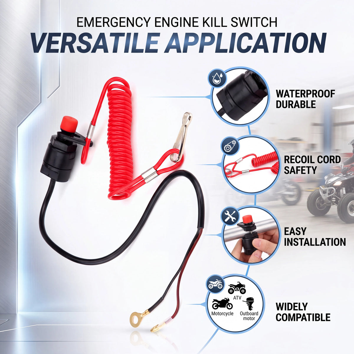Boat Outboard Switch Engine Motor Lanyard Kill Urgent Stop Button Safety Connector Cord Compatib - Automotive LED Light