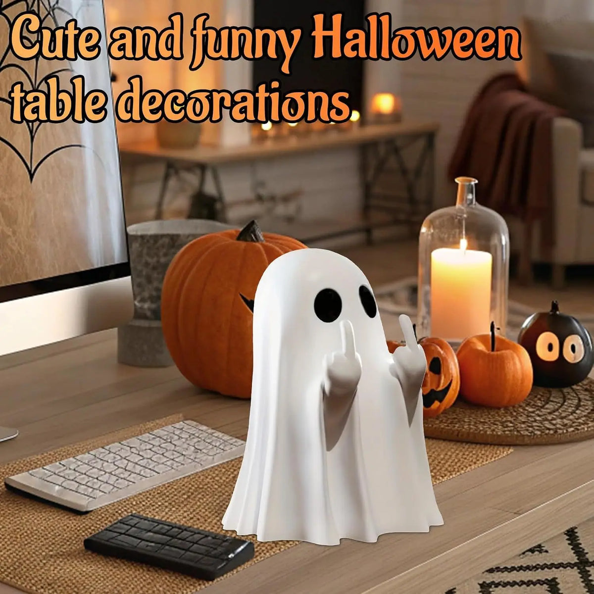 Funny Middle Finger Ghost Figurine Mini Resin Halloween Decor Spooky Statue for Office Desk Pran - Automotive LED Light