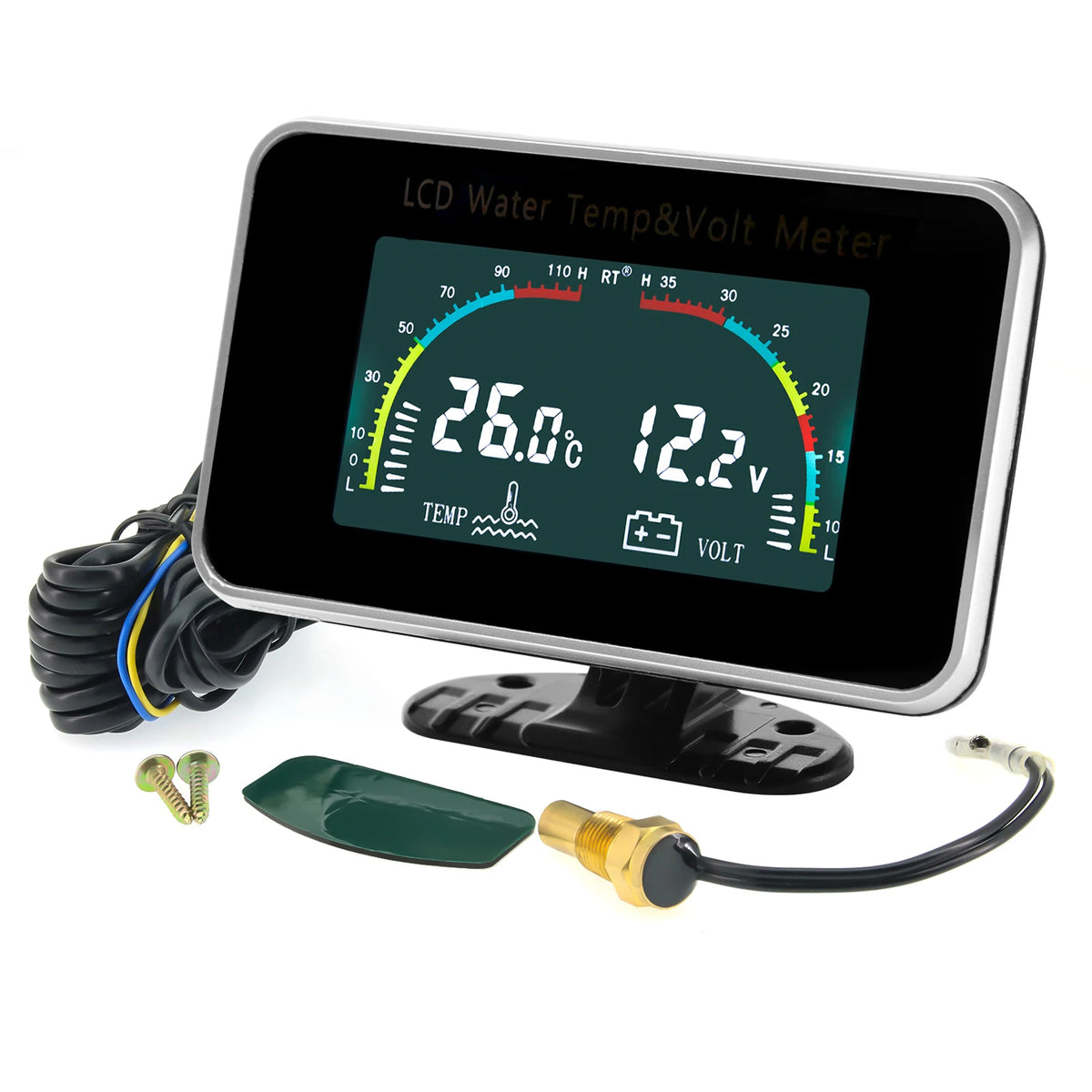 12V/24V 2 IN 1 Car LCD Gauge Water Temperature Meter Thermometer Voltmeter Gauges +10mm Temp Sen - Automotive LED Light