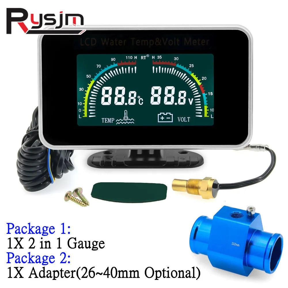 12V/24V 2 IN 1 Car LCD Gauge Water Temperature Meter Thermometer Voltmeter Gauges +10mm Temp Sen - Automotive LED Light