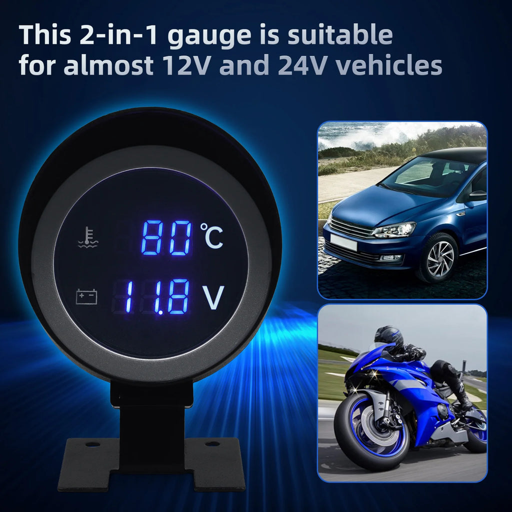 AD 2 in 1 12V 24V Round Led Digital Car Truck Water Temp Gauge Temperature Sensor Temperatura Mo - Automotive LED Light