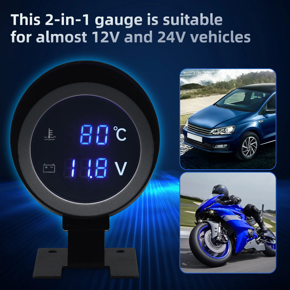 AD 2 in 1 12V 24V Round Led Digital Car Truck Water Temp Gauge Temperature Sensor Temperatura Mo - Automotive LED Light
