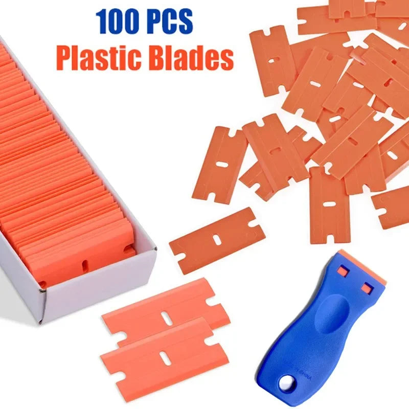 100 Pieces Two Cutting Plastic Razor Blade Label Clean Razor Glue Remover Window Glass Clean Scr - Automotive LED Light