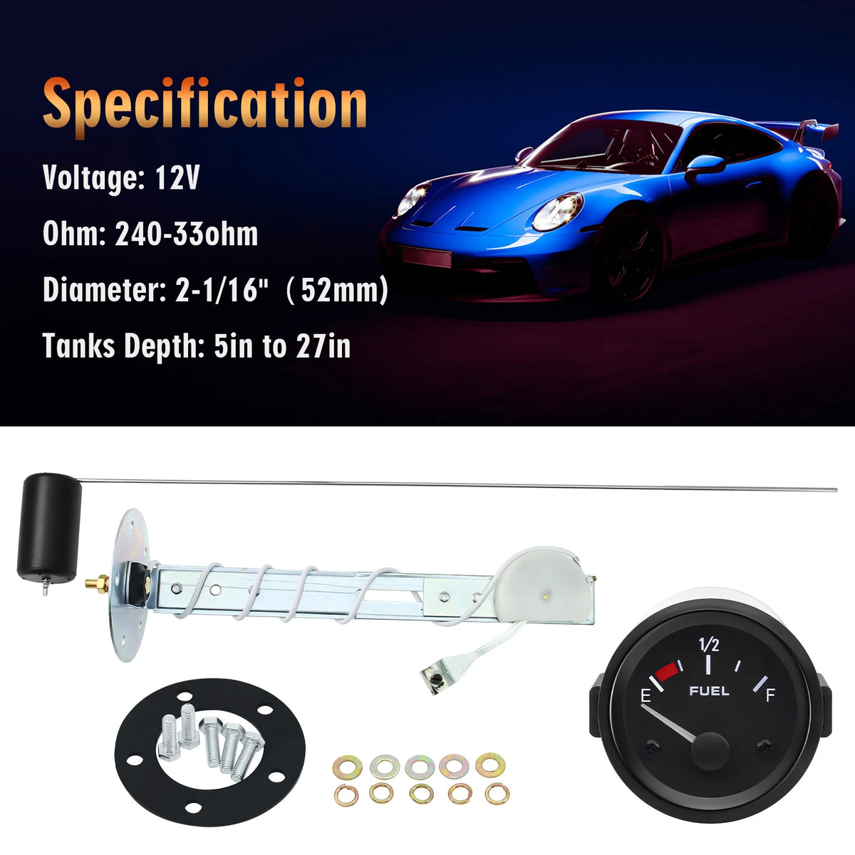 240~33ohm 52MM Pointer Gauge LED Digital Car Fuel Level Gauge White backlight with Fuel Float Se - Automotive LED Light