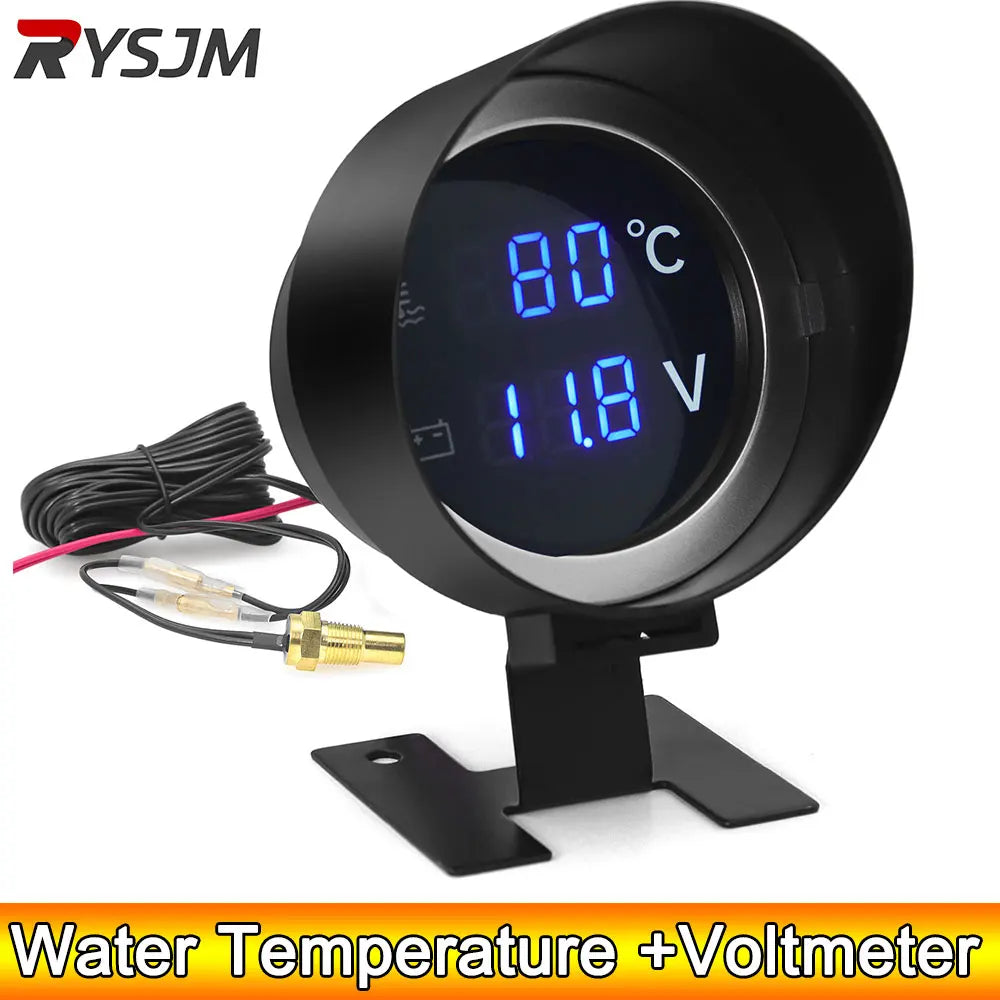 AD Round LCD Digital Display Water Temperature Meter Thermometer Voltmeter Gauge 2in1 Temp Volta - Automotive LED Light