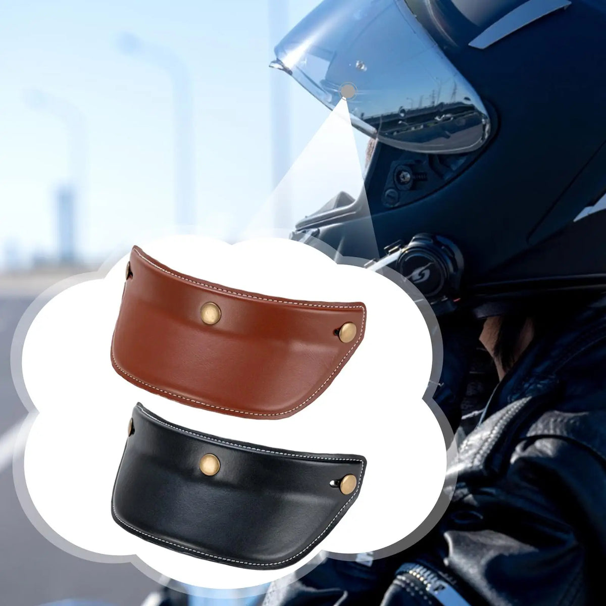 Universal Motorcycle Helmet Visor PU Leather PC 3 Snap Peak Sun Shade for Open Face Half Helmets - Automotive LED Light