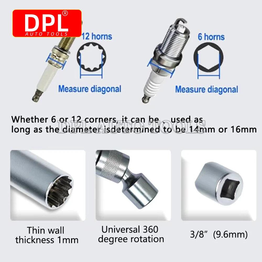 14mm/16mm Magnetic Spark Plug Socket Wrench 12 Angle Repair and Removal Tool Thin Wall 3/8 Inch  - Automotive LED Light