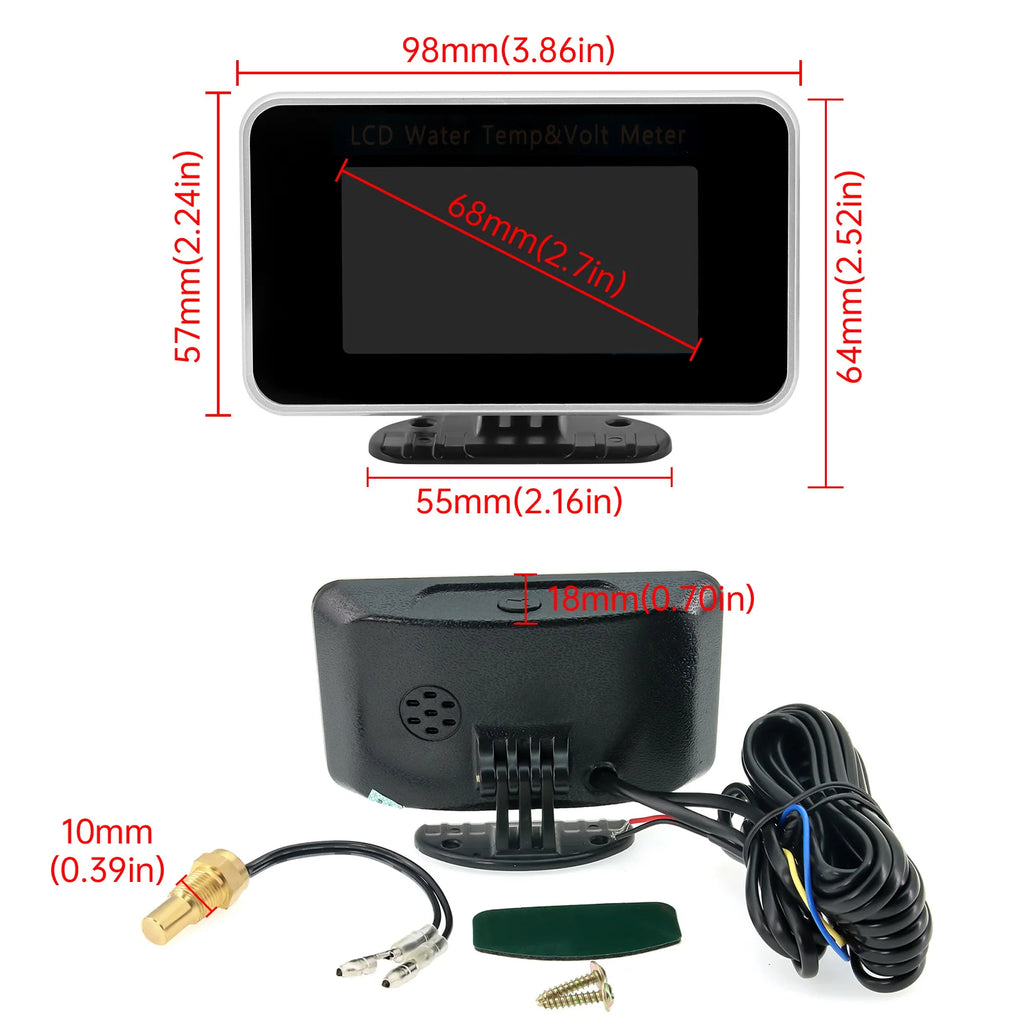12V/24V 2 IN 1 Car LCD Gauge Water Temperature Meter Thermometer Voltmeter Gauges +10mm Temp Sen - Automotive LED Light