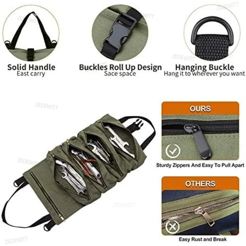 Tool Roll Heavy Duty Multipurpose Roll Up Tool Bag Canvas Wrench Roll Tool Organizer Bucket Car  - Automotive LED Light