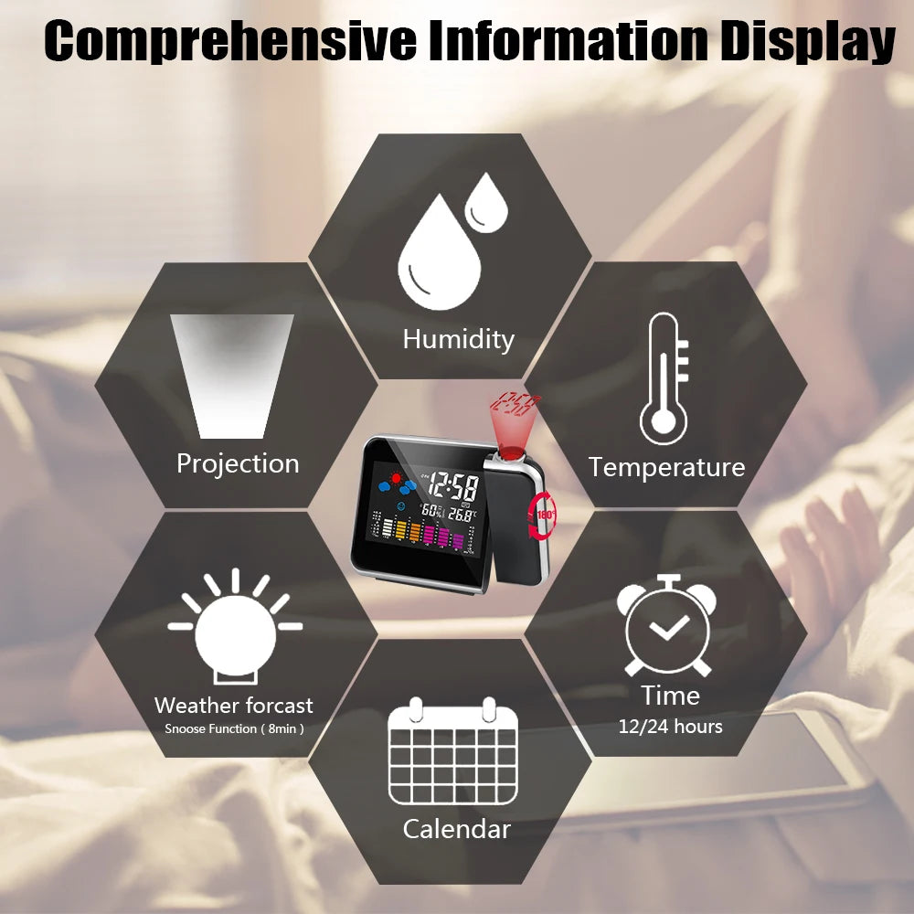 Table Clock Color Display Clock With Time Projection Digital Alarm Clock Rotatable Weather Stati - Automotive LED Light