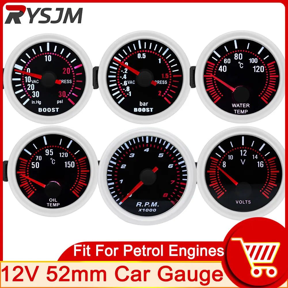 AD 52mm Universal Smoke Len Tachometer RPM Turbo Boost Gauge 2 Bar PSI Water Temp Meter Oil Pres - Automotive LED Light