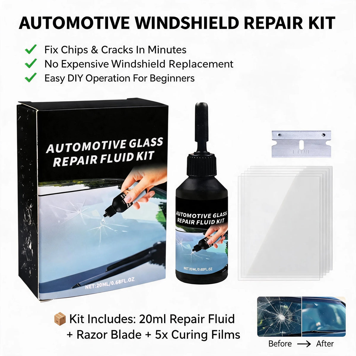 20ml Car Window Repair Resin Kit DIY Crack Chip Scratch Fix Tool Curing Film Scraper Portable Au - Automotive LED Light
