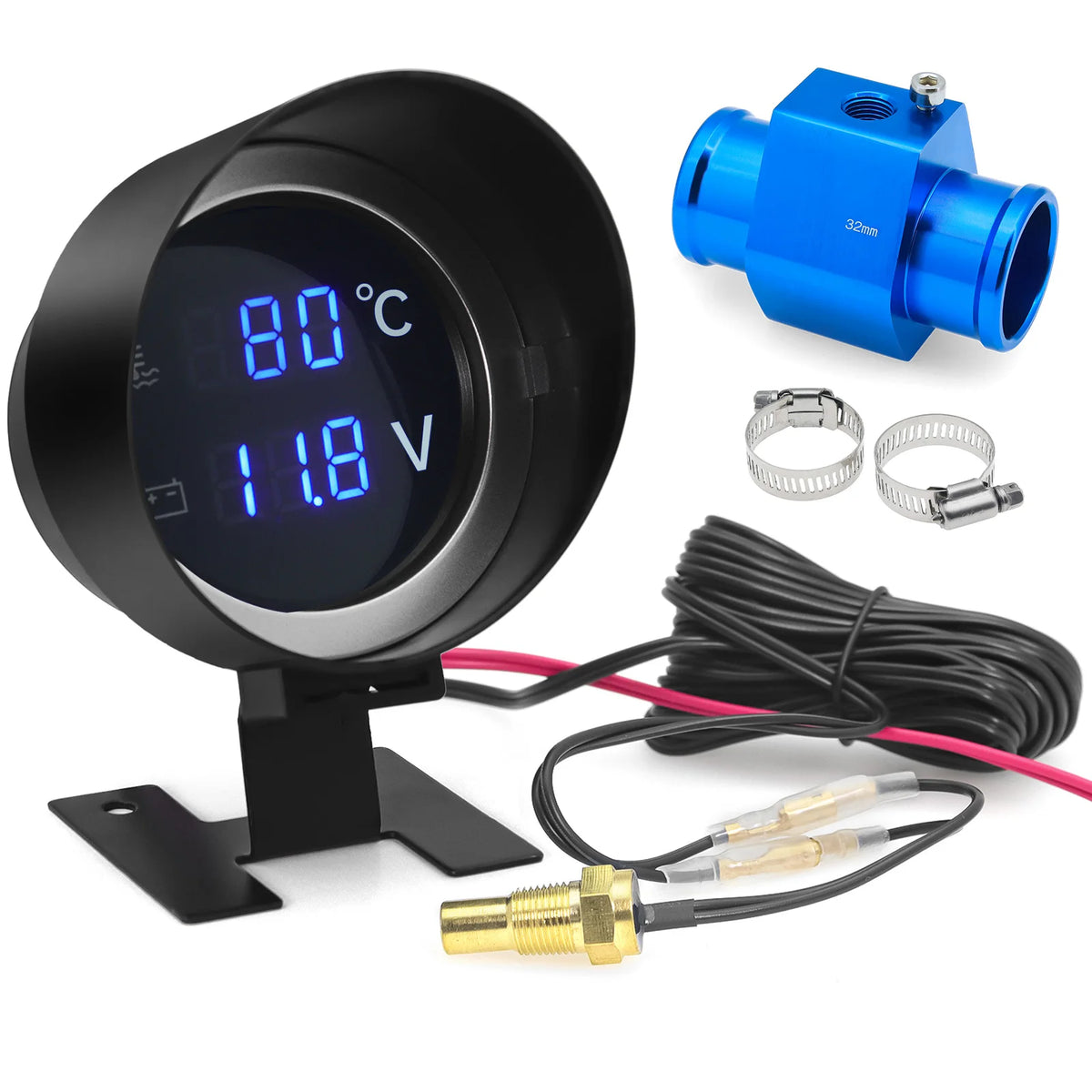 AD Round Led Digital Car Water Temp Gauge + Voltmeter 2in1 Water Temperature Adapter Moto Volt M - Automotive LED Light