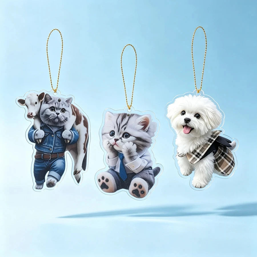 Cute Cat Dog Acrylic Hanging Ornament Cartoon Pet Pendant for Car Rearview Mirror Bag Decoration - Automotive LED Light