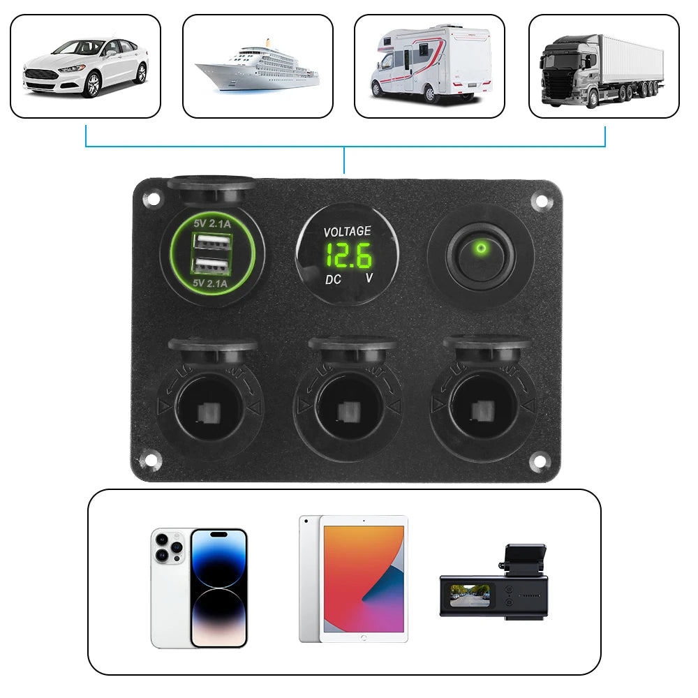 24V 12V Socket Panel Power Distribution 3 Cigar Lighter Ports 2 USB Chargers 3.0 With Switch Vol - Automotive LED Light