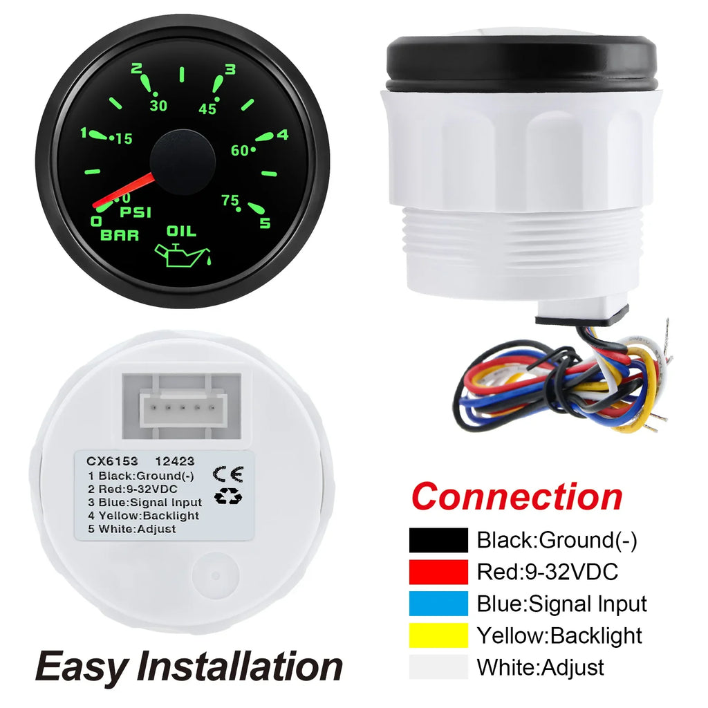 Marine Car Boat 52mm Oil Pressure Gauge+Sensor 0-5Bar 0-10Bar 7 Color Backlight Oil Press Meter  - Automotive LED Light