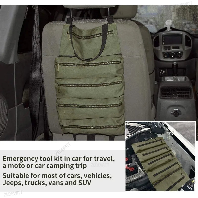 Tool Roll Heavy Duty Multipurpose Roll Up Tool Bag Canvas Wrench Roll Tool Organizer Bucket Car  - Automotive LED Light