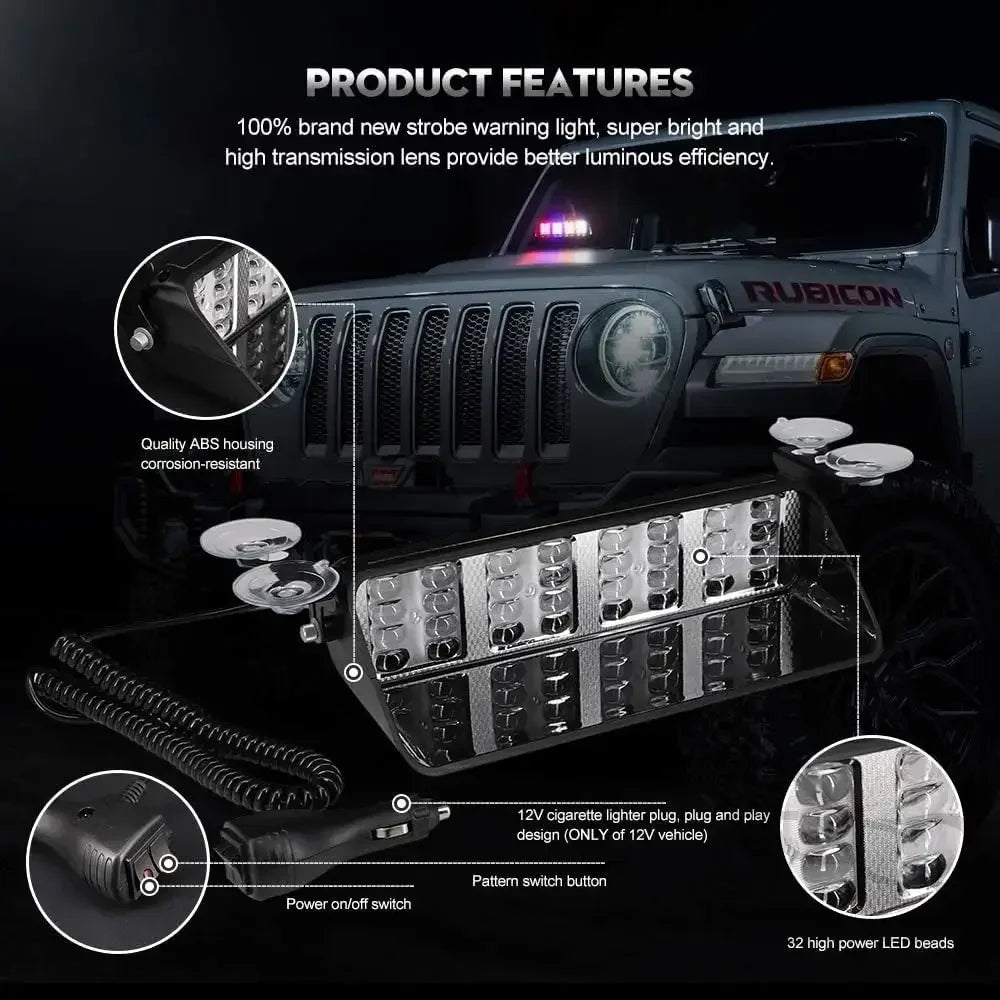 32 LED Car Strobe Lights For Emergency Flash Warning Lamp Windshield Bar Auto Assembly Red Blue  - Automotive LED Light
