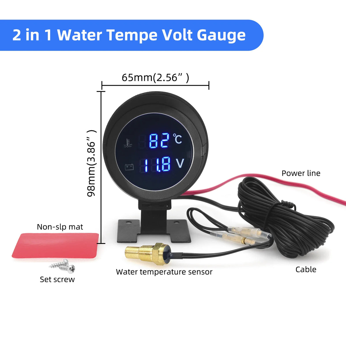 AD Round LCD Digital Display Water Temperature Meter Thermometer Voltmeter Gauge 2in1 Temp Volta - Automotive LED Light