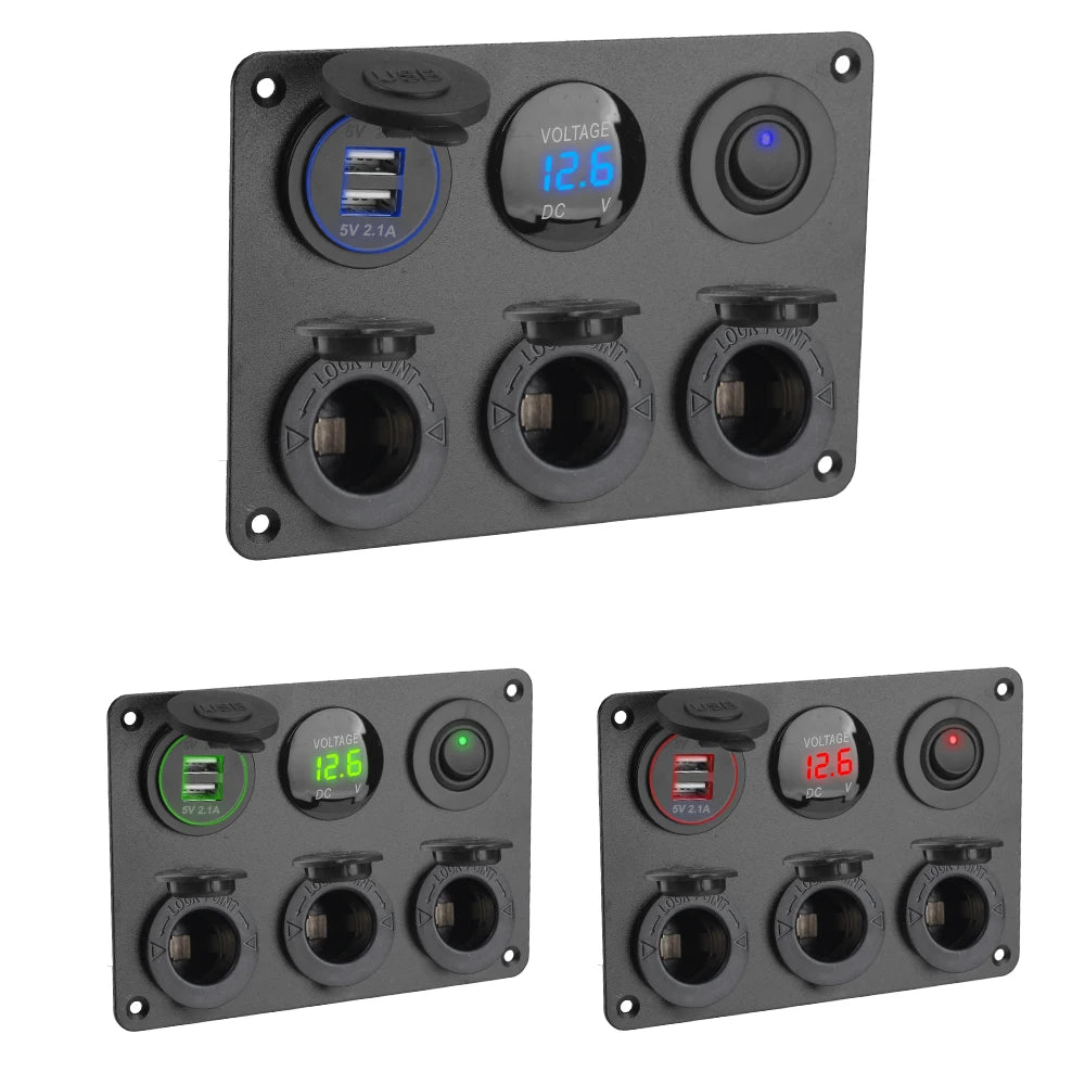 24V 12V Socket Panel Power Distribution 3 Cigar Lighter Ports 2 USB Chargers 3.0 With Switch Vol - Automotive LED Light