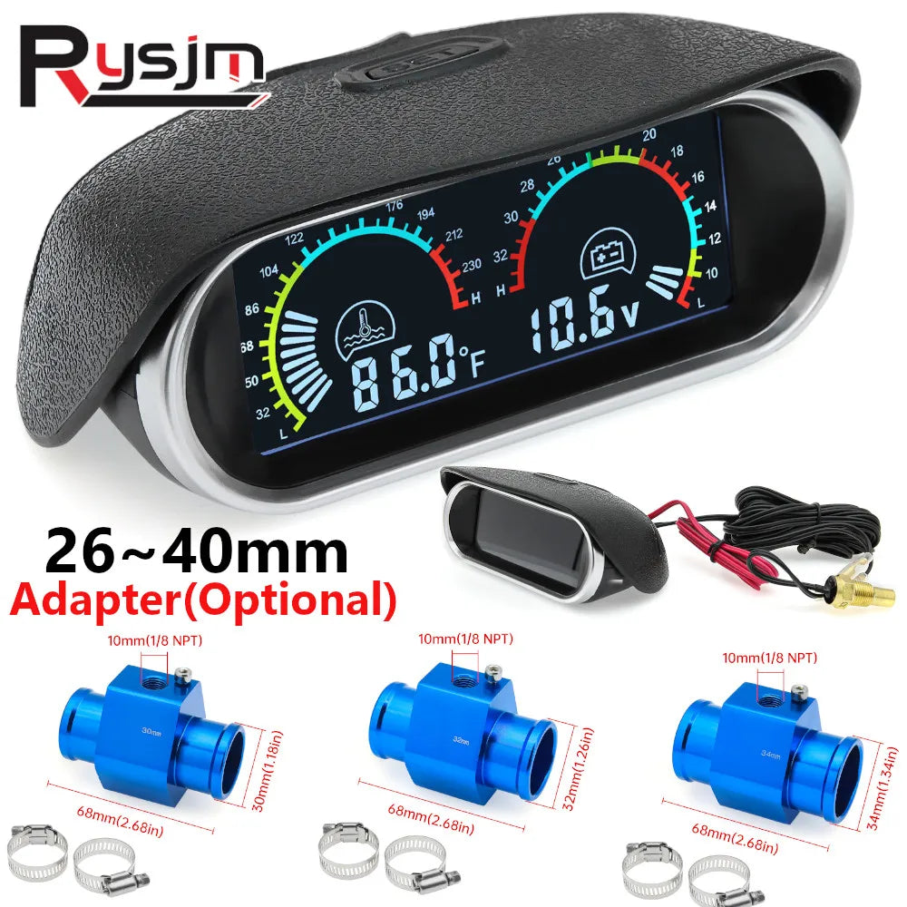 12v/24v Auto Car 2 in 1 LCD Digital Display Water Temperature+ Voltmeter+Temp Sensor+Adapter(Opt - Automotive LED Light