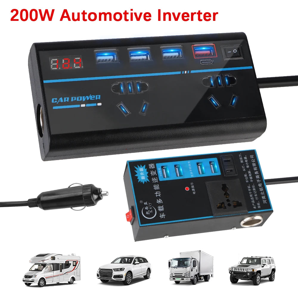 200W DC/AC Inverter Car Power Sockets 12V/24V to 110V/220V 8 Ports With Switch Voltmeter USB Cha - Automotive LED Light