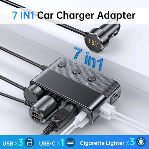 127W 7-in-1 Car Charger Splitter PD30W QC3.0 cigarette Lighter Adapter Car Cigarette Lighter Soc - Automotive LED Light