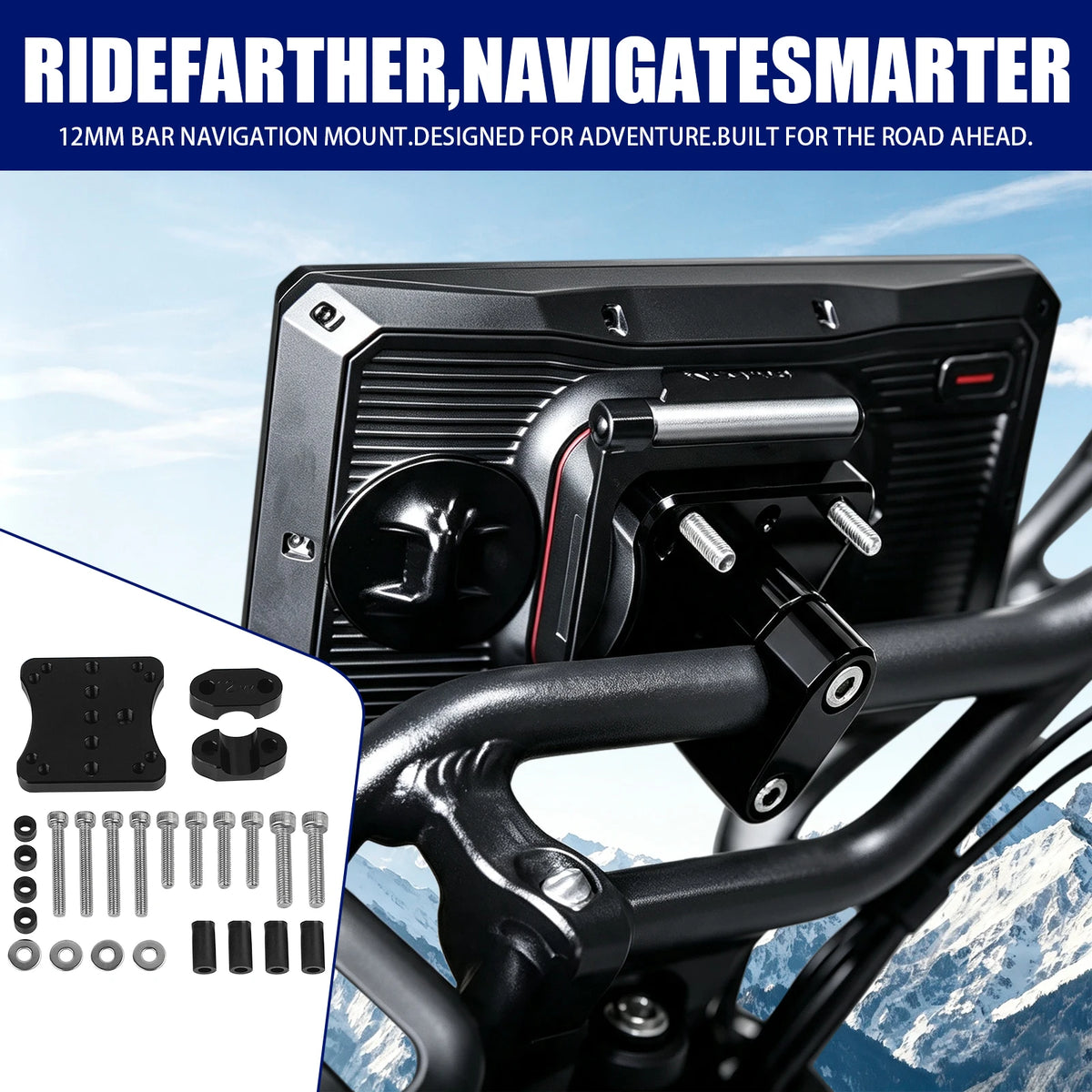 12mm Adjustable Motorcycle GPS Navigation Mount Bracket Black Metal Plastic Holder For ADV Motor - Automotive LED Light