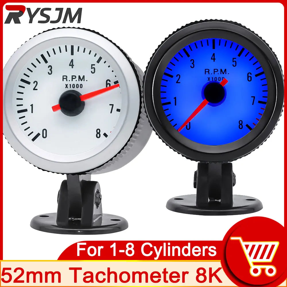 AD 52mm Tachometer tacometro 12V Car LED Tacho Gauge Tachometer 0-8000 RPM Meter White Black for - Automotive LED Light