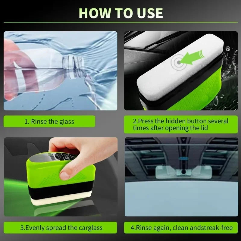 Auto Glass Oil Stain Remover Brush w/150ml Bottle - Car Windshield Deep Cleaning Tool for Foggy  - Automotive LED Light