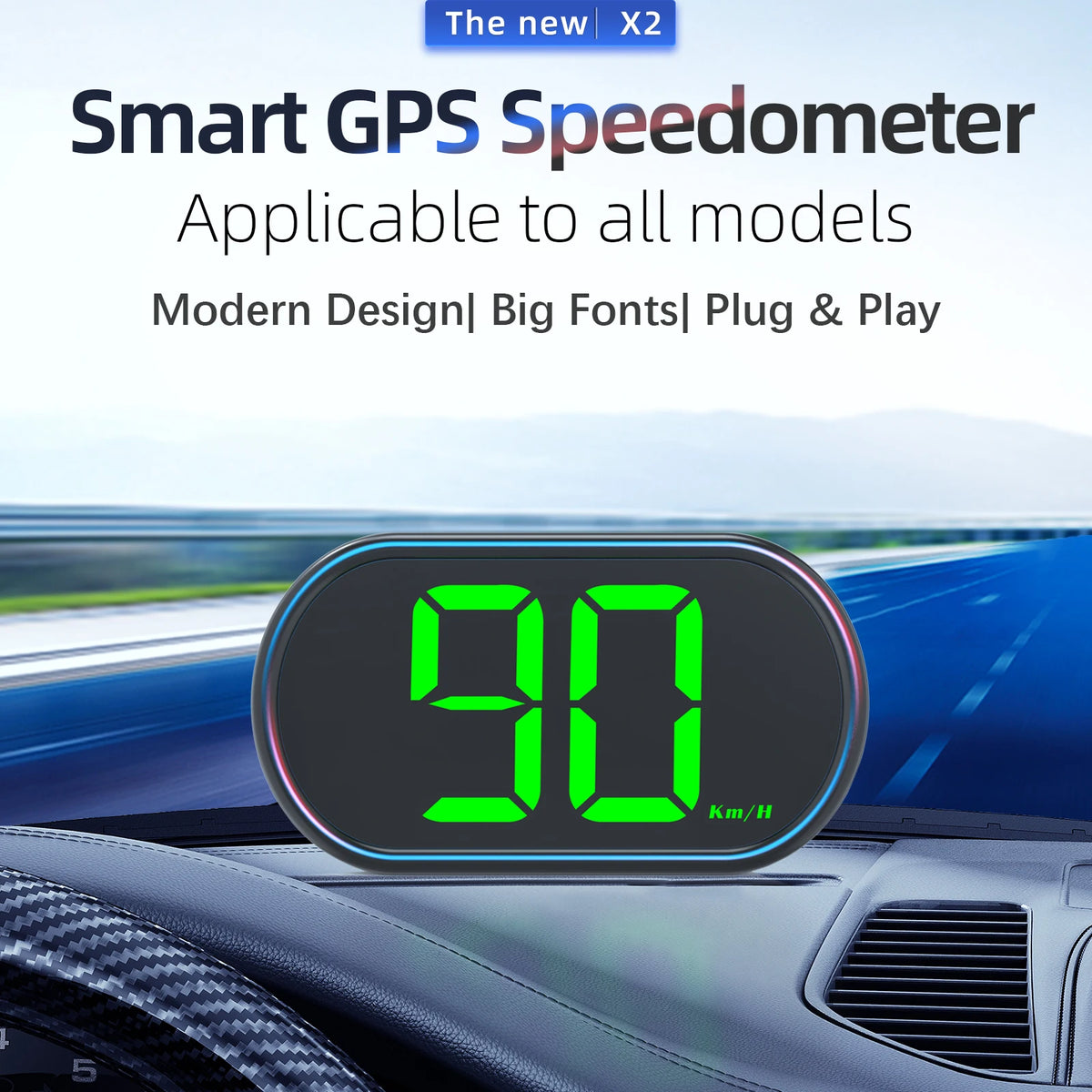 X2 GPS HUD Car Speed Head Up Display Digital Speedometer Big Font KMH Accessories GPS+Beidou Dua - Automotive LED Light