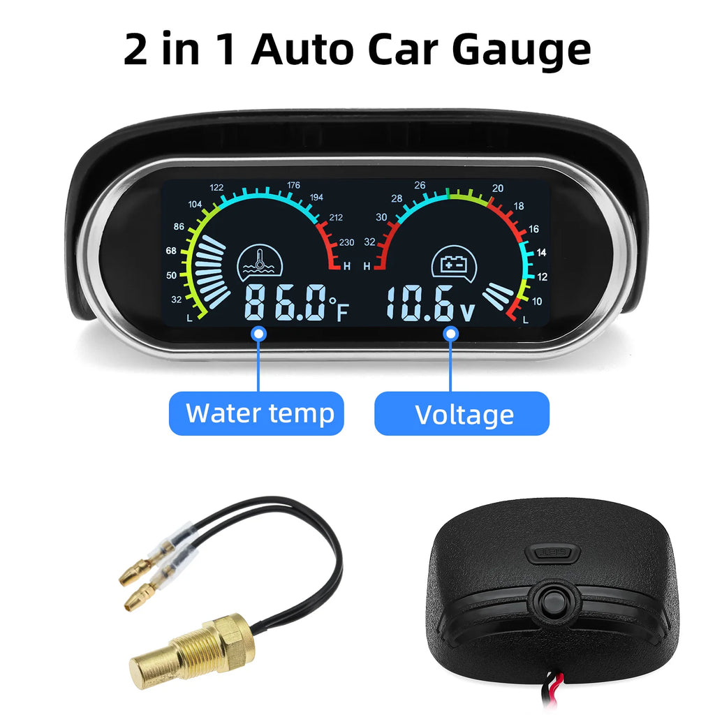 12v/24v Auto Car 2 in 1 LCD Digital Display Water Temperature+ Voltmeter+Temp Sensor+Adapter(Opt - Automotive LED Light