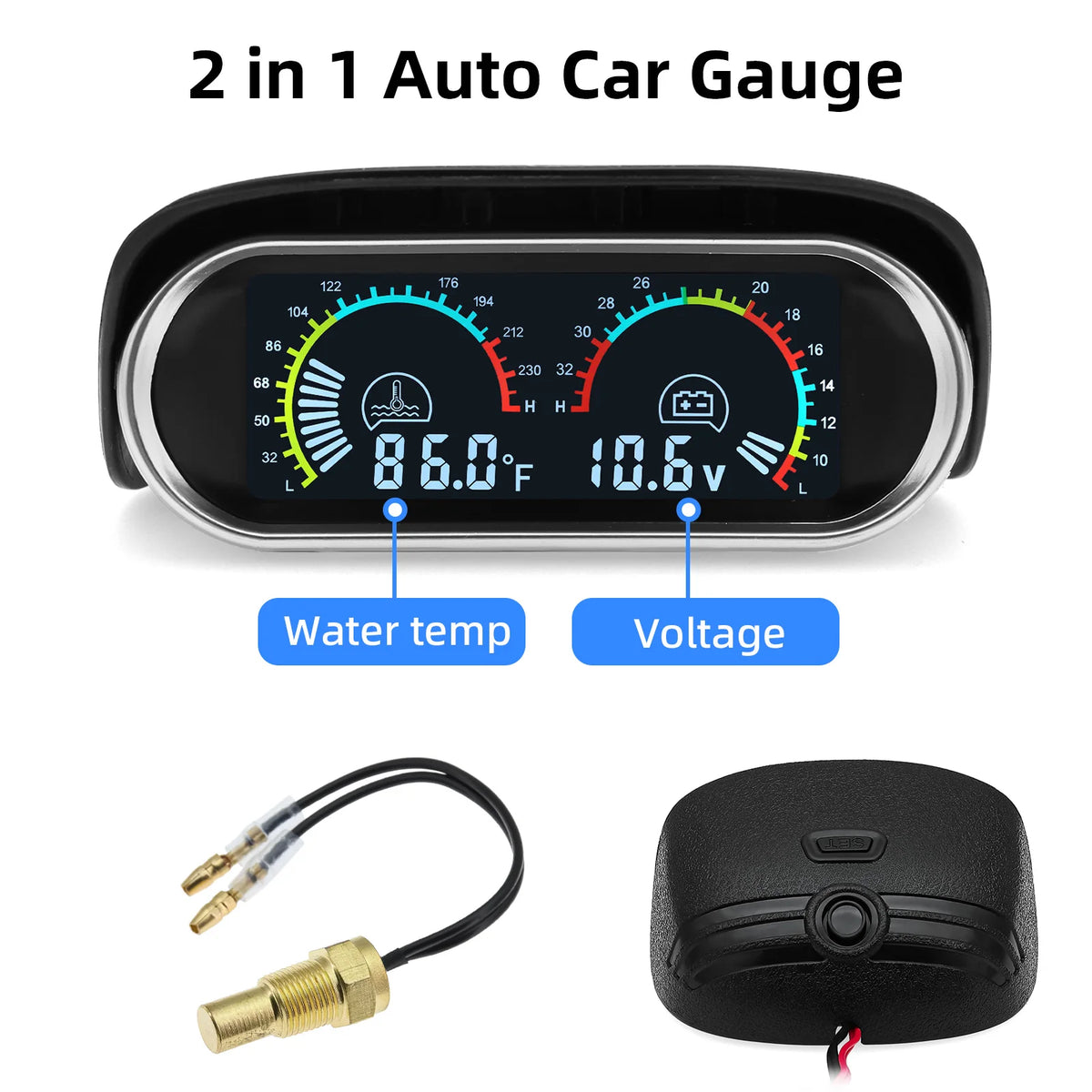 12v/24v Auto Car 2 in 1 LCD Digital Display Water Temperature+ Voltmeter+Temp Sensor+Adapter(Opt - Automotive LED Light