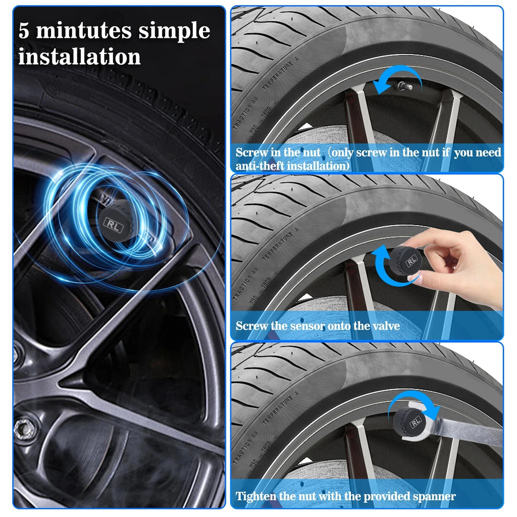 TPMS Car Tire Pressure Monitoring System Solar Charging 4 External Sensor Real-time Display Auto - Automotive LED Light