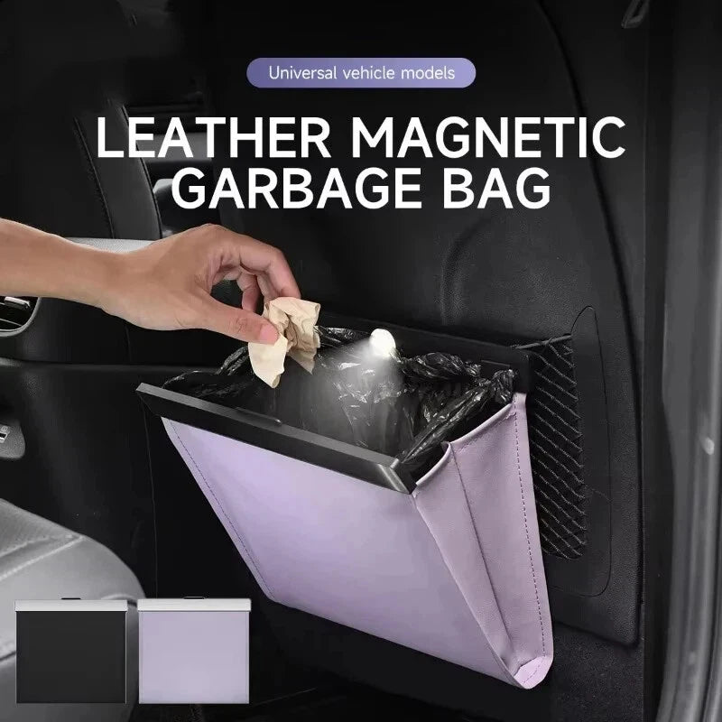 Car Garbage Bag With LED Magnetic Adsorption Waterproof PU Leather Back Seat Hanging Garbage Bag - Automotive LED Light