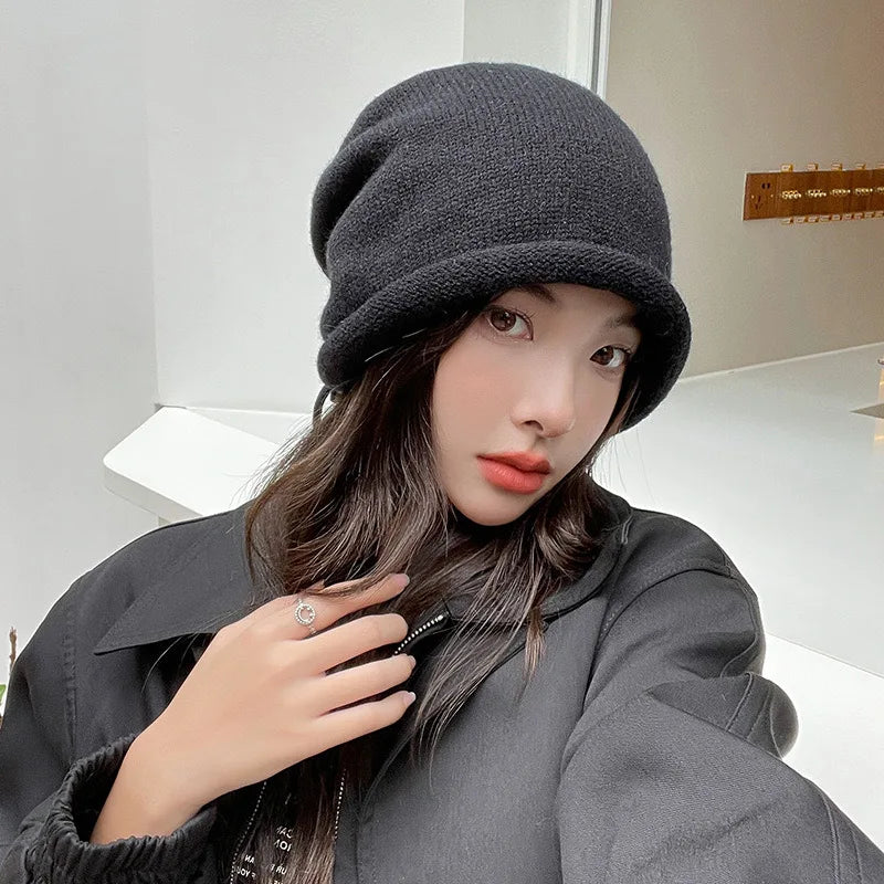 Knitted Bonnet Hoods Female Winter Warm Baggy Slouchy Beanies Hat Women Fashion Drawstring Pullo - Automotive LED Light