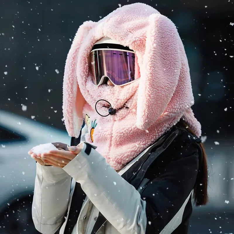 Cute Cartoon Bunny Ears Ski Hat Winter Warm Wool Soft Ski Helmet Cover Scarf Set Decorative Outd - Automotive LED Light