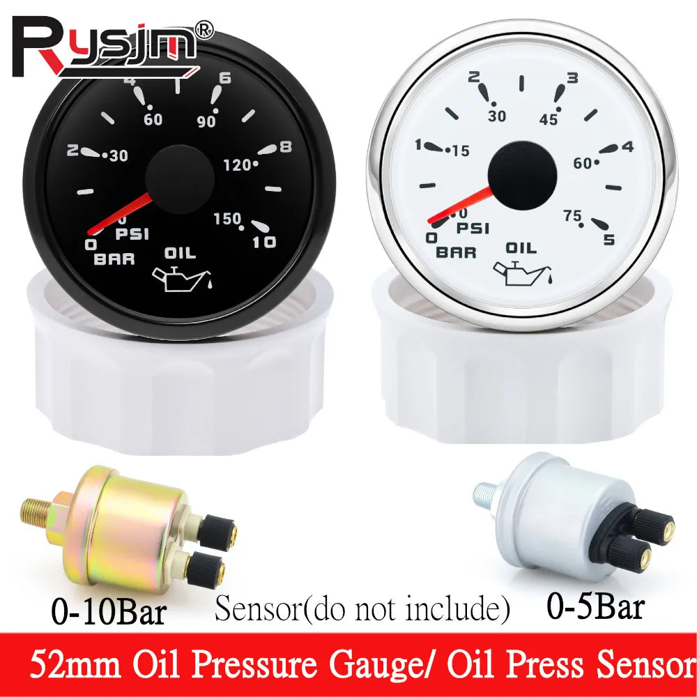 Marine Car Boat 52mm Oil Pressure Gauge+Sensor 0-5Bar 0-10Bar 7 Color Backlight Oil Press Meter  - Automotive LED Light