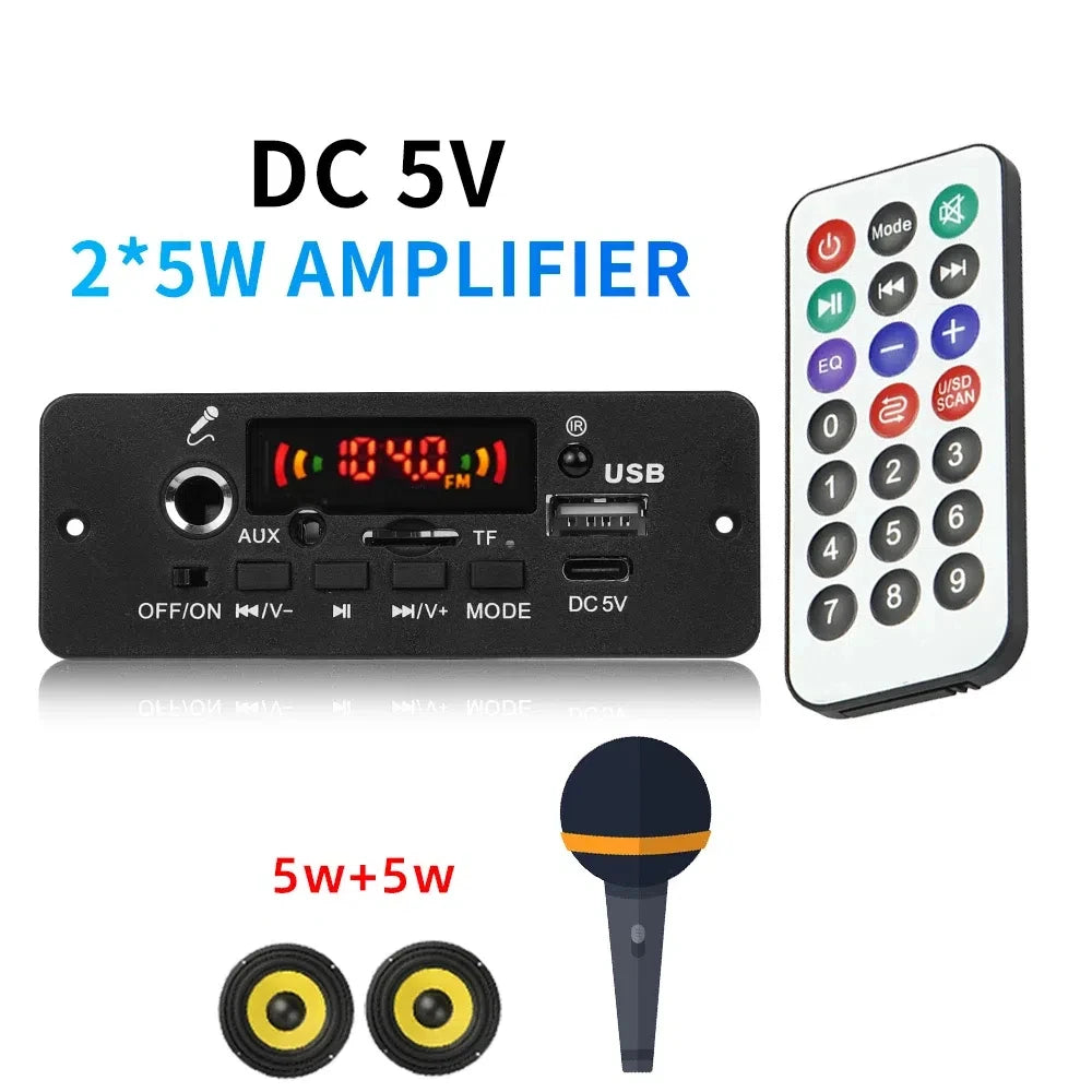 10W Digital Amplifier MP3 Decoder Board DC 5V Bluetooth 5.0 FM Support Microphone Car MP3 Player - Automotive LED Light