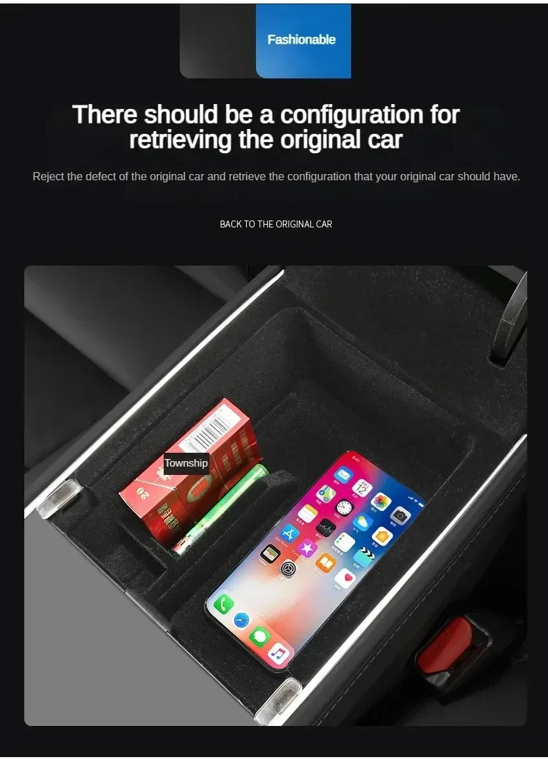 Center Console Organizer for Tesla Model Y 2023 2024 Rear Trunk Side Storage Box Bins Flocking A - Automotive LED Light