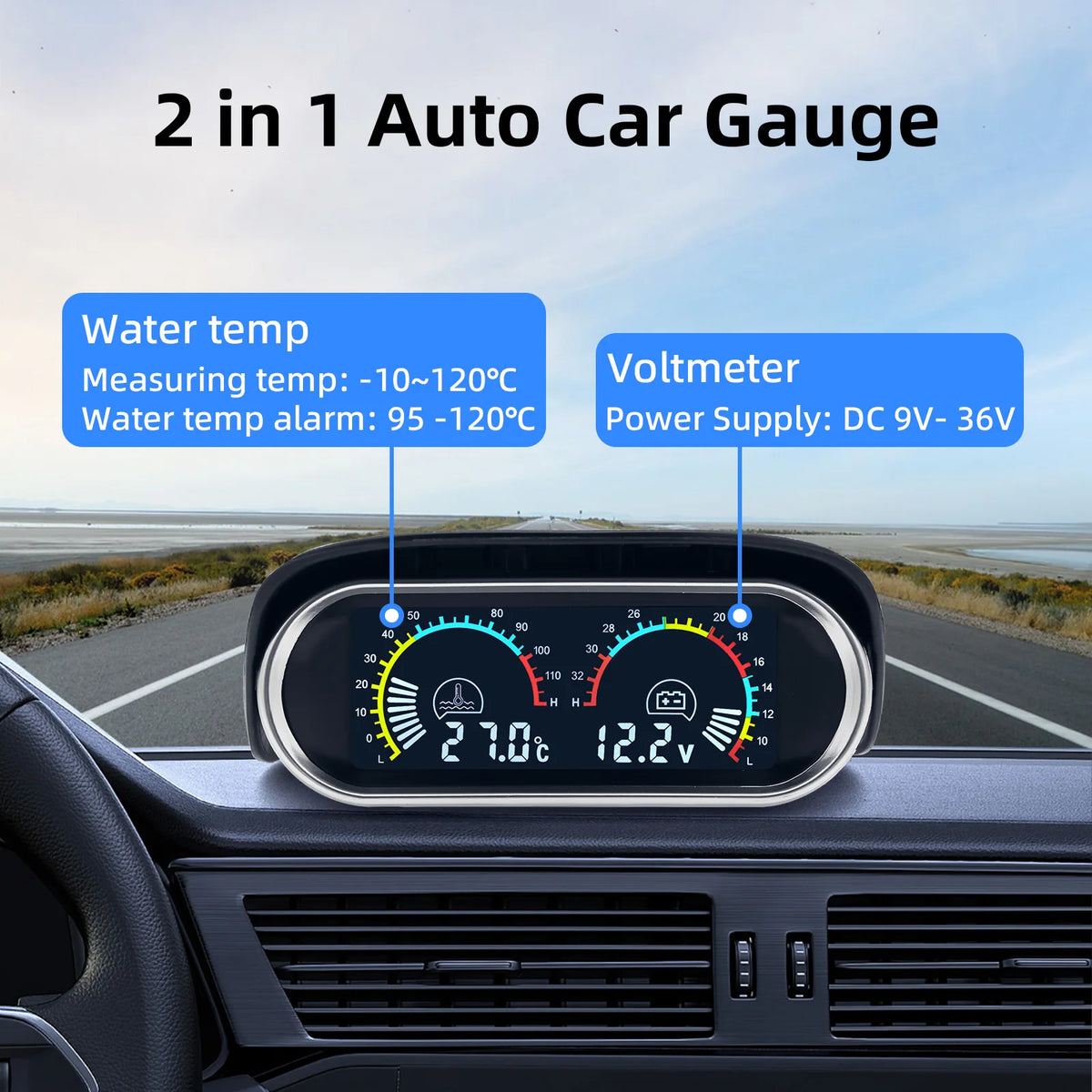 2 in 1 Digital LCD Car Gauges Water Temperature Gauge with 10mm sensor+Voltmeter Voltage Gauges  - Automotive LED Light