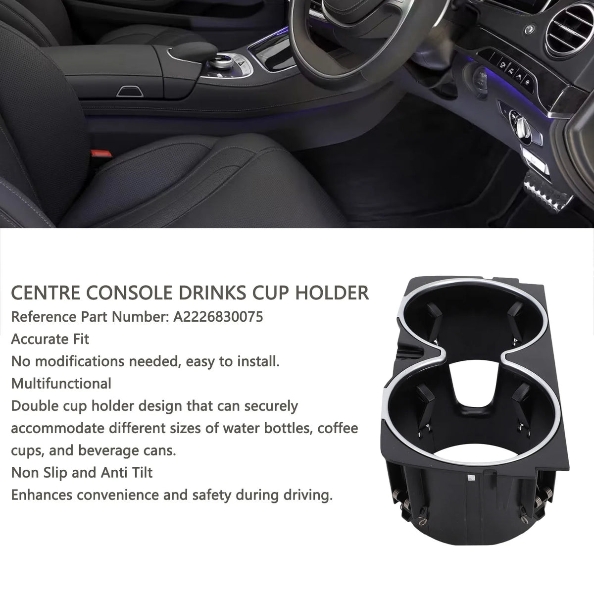 Car Centre Console Drinks Cup Holder A2226830075 Non Slip Replacement for Merced for Mercedes W222 2014-2017 - Automotiv