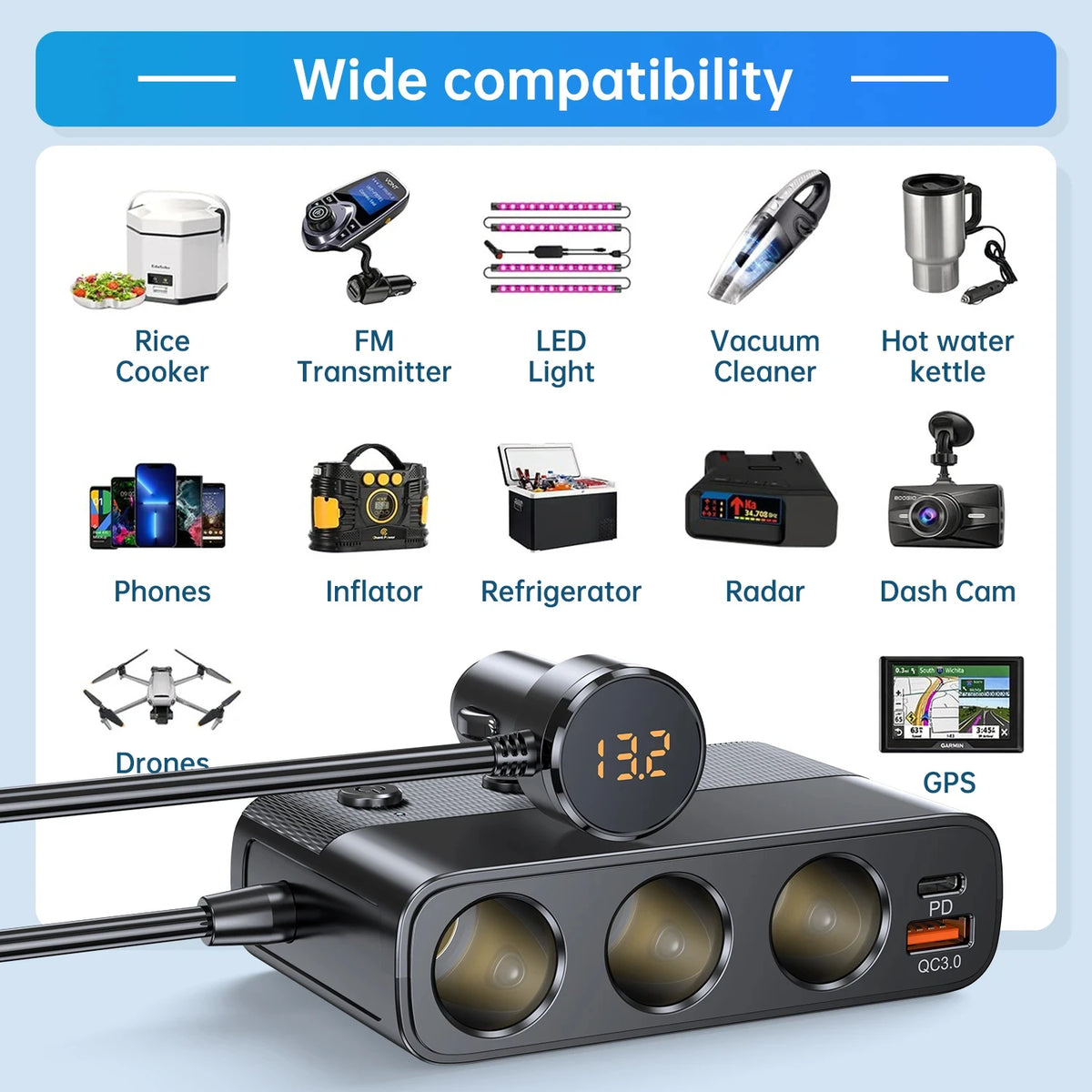 127W 7-in-1 Car Charger Splitter PD30W QC3.0 cigarette Lighter Adapter Car Cigarette Lighter Soc - Automotive LED Light