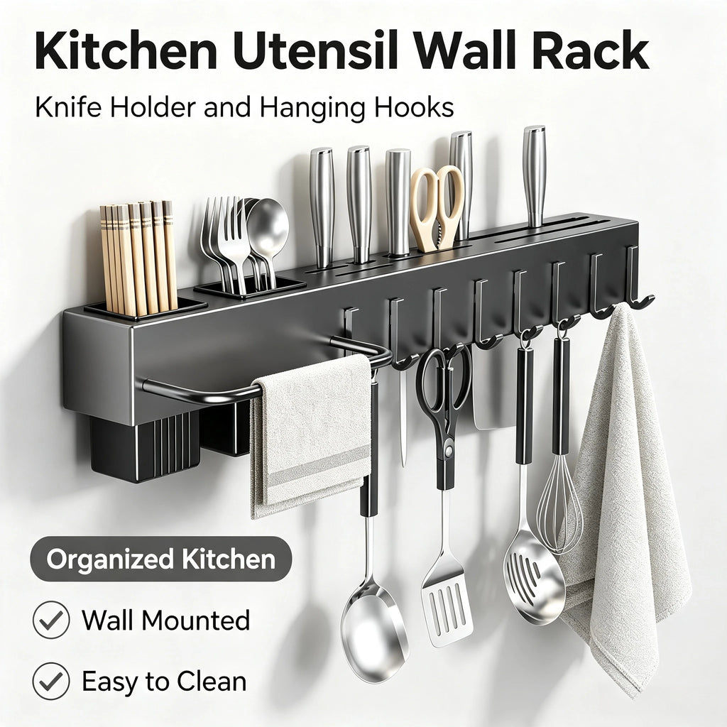 Kitchen Wall‑Mount Storage Shelf Tool‑Free Installation Multifunctional Chopstick Holder for Kni - Automotive LED Light