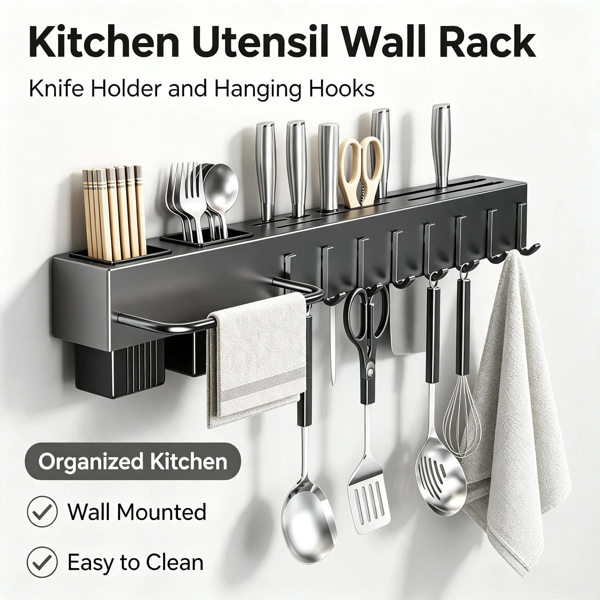 Kitchen Wall‑Mount Storage Shelf Tool‑Free Installation Multifunctional Chopstick Holder for Kni - Automotive LED Light