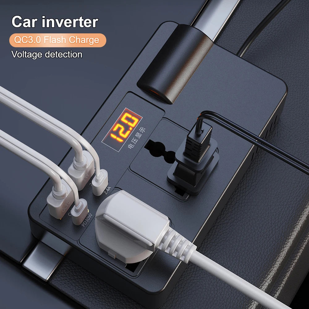 DC/AC Inverter 12V/24V to 220V Car Converter 7 Ports PD Type-C USB Chargers 3.0 Cigar Lighter Pl - Automotive LED Light