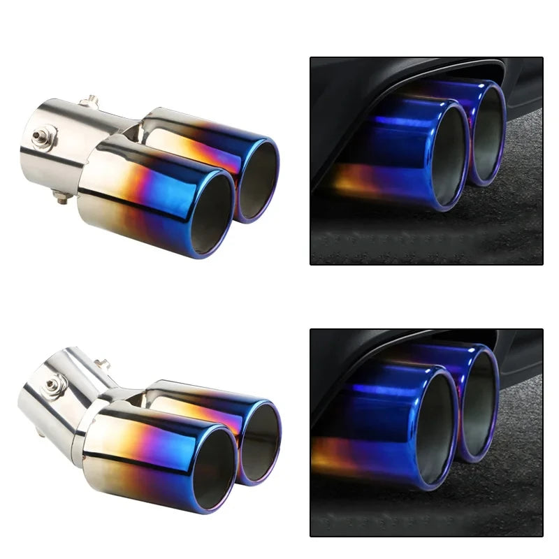 Decoration Chrome Tail Pipe Stainless Steel Car Styling Universal Curved Double Outlet Car Exhau - Automotive LED Light