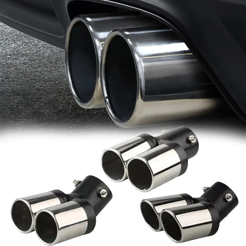 Decoration Chrome Tail Pipe Stainless Steel Car Styling Universal Curved Double Outlet Car Exhau - Automotive LED Light